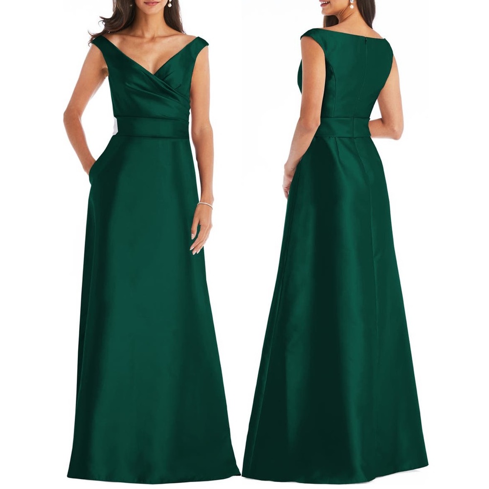 ALFRED SUNG Off-the-Shoulder Draped Wrap Satin Maxi Dress size 6 NEW